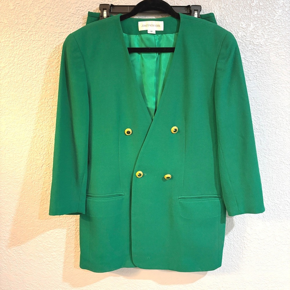 Vintage Emerald Green Double Breasted Blazer Gold Gemstone Buttons Longline 12